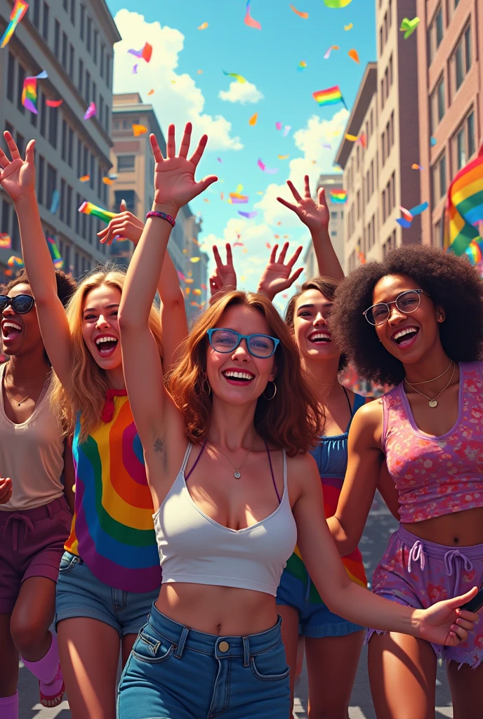 Create an image that celebrates diversity and inclusion, showing people from different backgrounds and sexual orientations coming together in a joyous event, Like an LGBTQ Pride event+. Use vibrant colors and symbols of unity and acceptance, Like the rainbow flag.


