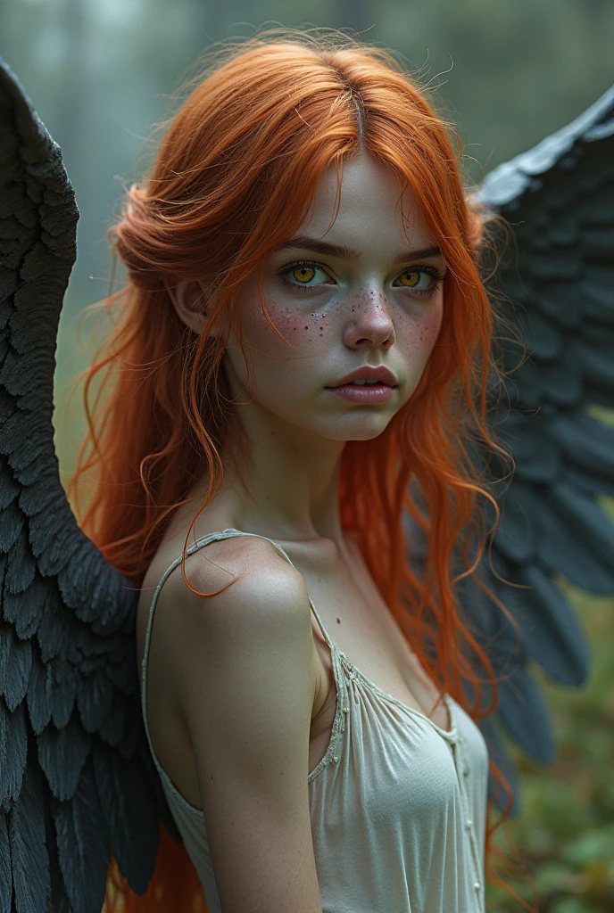 ( ginger hair woman,23 years old with stunning gothic black archangel wings in fire:1.6), (naked, nude:1.8), (Without clothes:1.8),(long, messy hair, hair floating in the wind:1.6), blue eyes, detailed eyes, detailed lips, (lies nude, sensual, full body:1.5), (photo from low angles:1.5), (creepy and scary gothic church, abandoned with fog and fog, snow:1.3), low neck, ray tracing, (best quality, 4k, 8k, high resolution, masterpiece:1.2), very detailed, (realistic , photorealistic, photorealistic :1.37), HDR, UHD, masterpiece, professional, vivid colors, bokeh, studio lighting