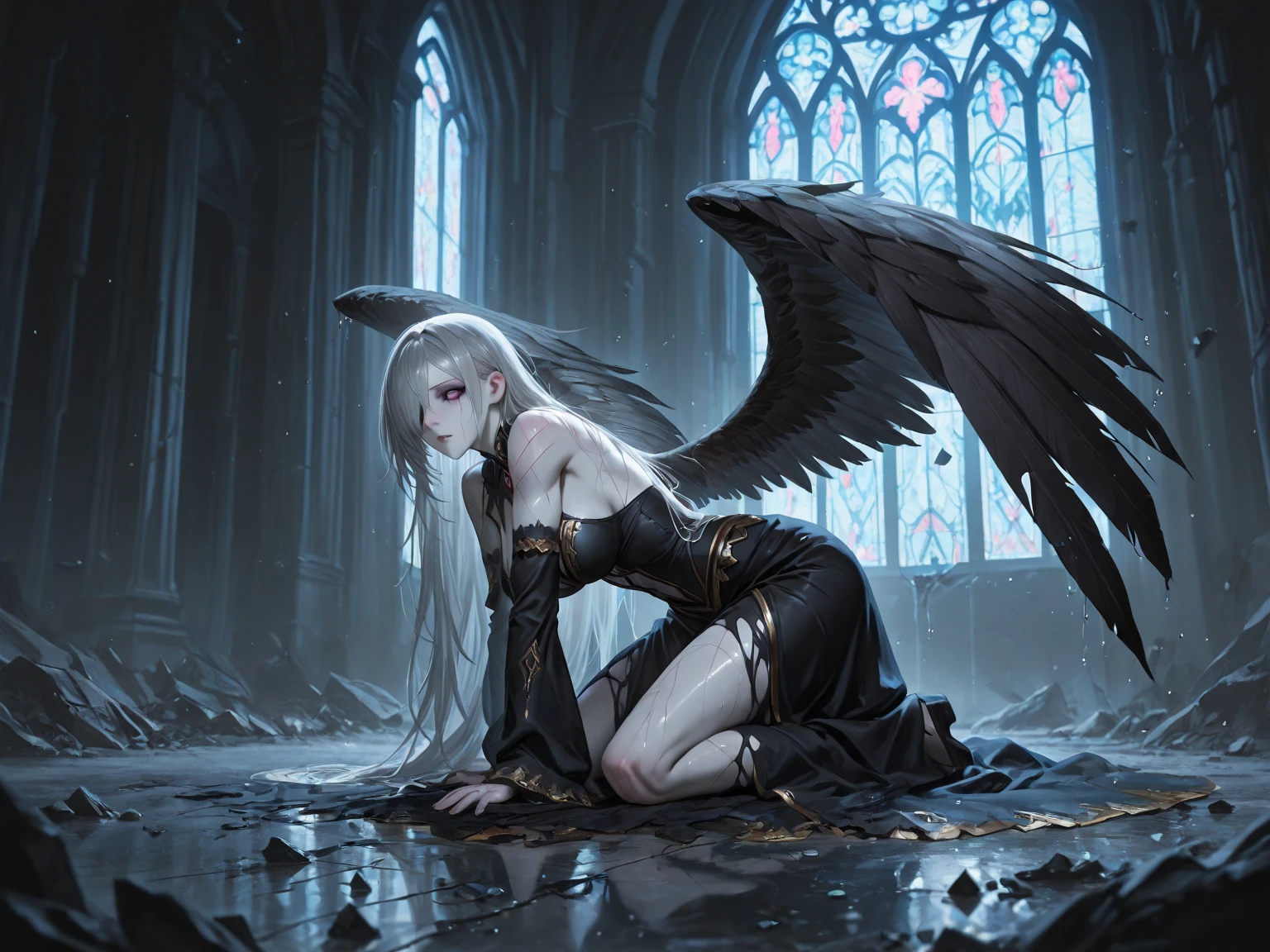 A full-body portrait of a girl wearing a white cloak, surrounded by an atmosphere of solitude, darkness, and oppression. The girl's expression is somber as she stands amidst the gloom, her face partially obscured in shadow. Her white cloak is stained with blood and dirt, reflecting the struggles she has faced. Her hair is disheveled and messy, adding to the overall disarray and turmoil. The composition showcases her profile, revealing a glimpse of her determination and resilience. Behind her, a pair of tattered wings symbolize her desire to break free from her constraints, despite the broken sword she holds, a testament to past battles fought. The overall scene captures a sense of melancholy, depicting the girl's internal struggles and the weight she carries. Executed in a bold and expressive style, with dynamic brushstrokes and a subdued color palette that emphasizes the darkness and heaviness of the atmosphere.