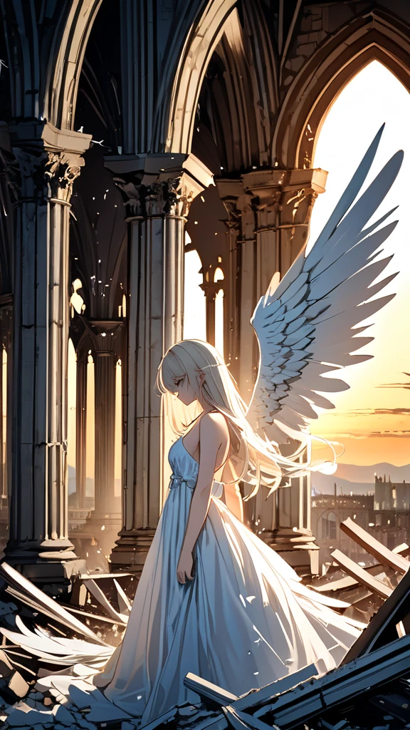 sci-fi theme, amazing quality, best quality, high quality, beautiful color, aesthetic, detailed,
BREAK
[by rella:by futamotu:0.7],  [photorealistic:photorealistic:0.7],
BREAK
1girl, solo, beautiful, elegance, aesthetic, mysterious, ethereal, detailed face, detailed eyes, looking away, very long hair, detailed hair, white hair, floating hair, hair between eyes, wind effect, pale skin, angel, angel wings, feathered wings, angel ring, sitting, barefoot, soaking feet, lonely, melancholy atmosphere,
BREAK
white dress, bare shoulders, Boho-inspired embroidered dress, designed by Brandon Maxwell,
BREAK
high-resolution sci-fi landscape, post-human landscapes, thousands of years in the future, Earth, overgrown cities, reclaimed by nature, futuristic decay, ancient modern buildings, outdoors, blue sky, cloud, cloudy sky, star(sky),
starry sky, halo, floral, flowers, water, high-resolution ruins, (rust in ruins, collapsed building),
BREAK
perspective from below, Depth of Field, sharp focus, bokeh, cinematic quality, LUT, fine texture, crisp detail, <lora:Rella:0.1>,