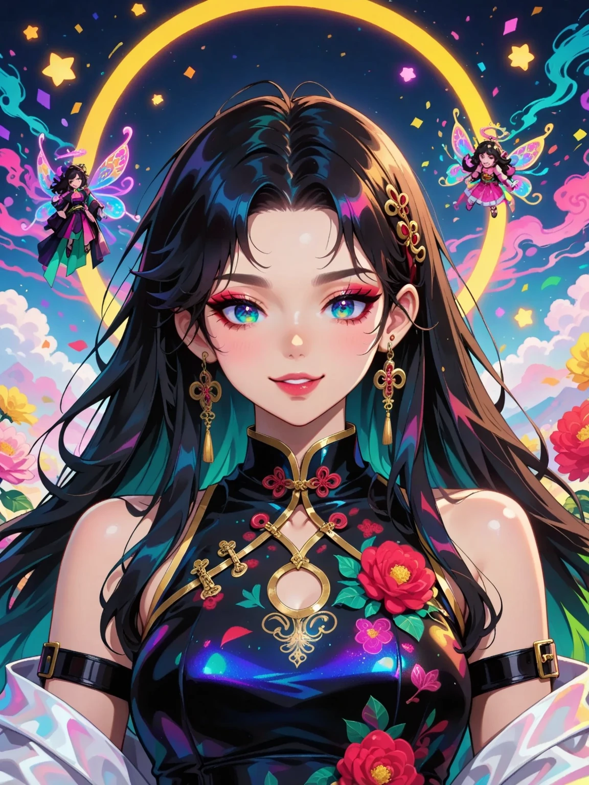 A young, fair-skinned woman with with long dark hair and blue eyes.
wearing a floral headpiece and vibrant makeup.
She has a warm, friendly smile.
set against a colorful abstract background