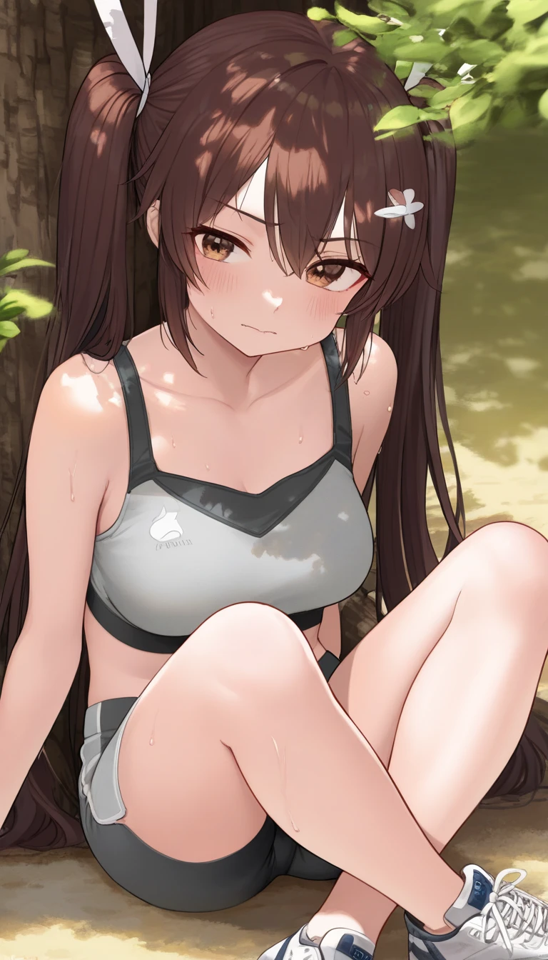kasumigaokautaha, ((full body)), ((full pose)), ((slim body)), ((perfect body)), ((slim legs)), utaha kasumigaoka, black hair, hairband, long hair, (red eyes:1.5), masterpiece, best quality, highres, kasumigaoka utaha, 1girl, solo, ((sitting on bench)), ((spread legs)),((black underwear)), medium breasts, blushing, black hair, hairband, red eyes, ((white hairband)), bangs, medium breasts, blushing, ((wide smile face:1.4)), cowboy shot, ((looking at viever)), playground background, sunny day,