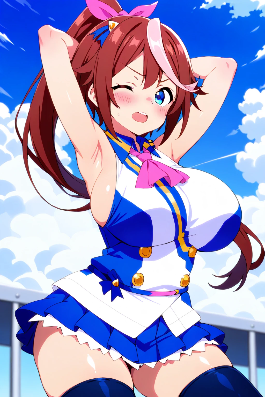 (masterpiece),(Highest quality:1.0), (Ultra-high resolution:1.0), Detailed illustrations, 8K, Pretty face, White Background、Big Breasts、Swimwear, Swimwear姿、黒色のSwimwear、bikini、whole body、Animal ears, earrings, Horse tail、Are standing, smile, Open your mouth