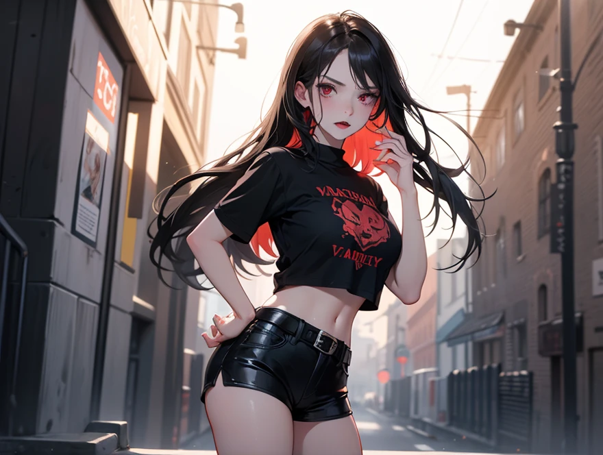 最high quality、Best image quality、masterpiece、girl((18-year-old、 By becoming、Best Bust、Medium Bust,Wide open breast tea、Red glowing eyes,Black Hair、Red Mesh、Disheveled Hair、Lointail、thin,The highest valley、Open chest、Luminous Wristbands、hat、hair ornaments、Show the whole body,Black T-shirt、Shoulder bag、Short denim trousers、sit、sitting cross-legged)),high quality、Beautiful art、background((Black Room、Black Wall、Black furniture、Big black TV、Black PC、red paint))、Flight、Flying debris、Written boundary depth、movie、Visual Arts、Perfect art、8K,Genuine,
