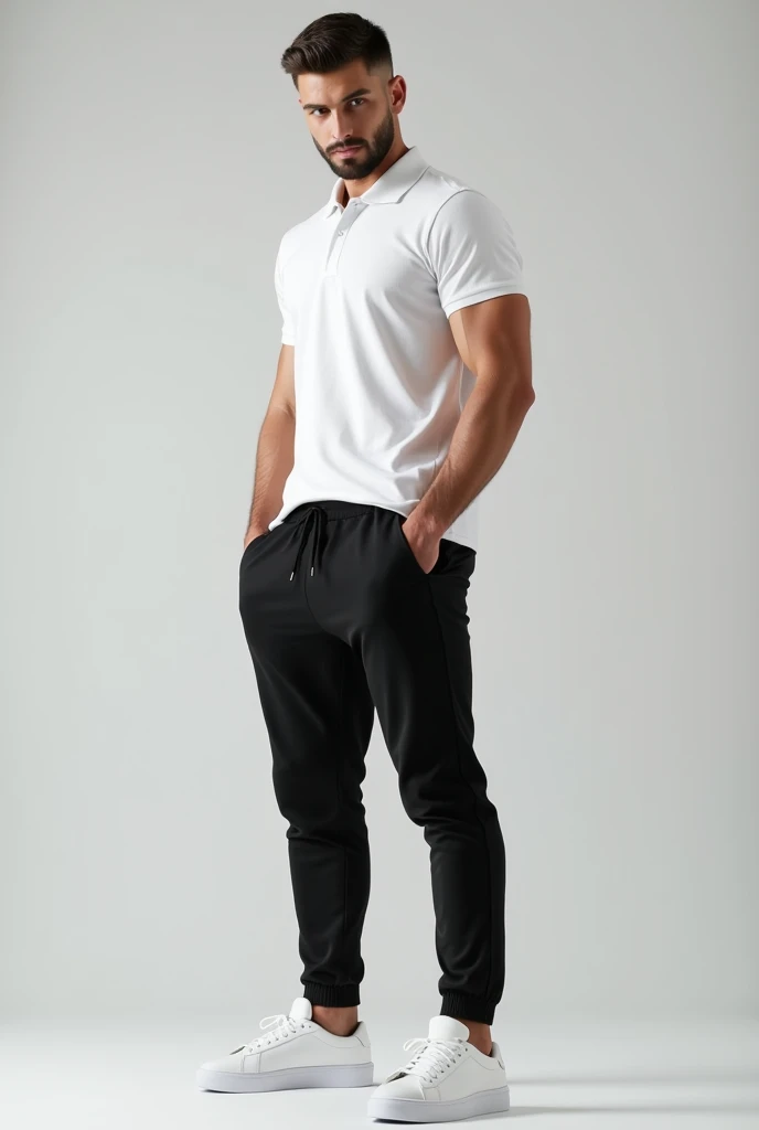 One 2 male model  oval face shape, standing at 1.81 cm tall, weighing 55 kg, with brown eyes and brown hair, showcasing a defined, toned physique with visible abs. He exudes a modern, minimalist fashion sense, dressed in a sleek, fitted outfit that emphasizes his lean build. The setting is bright and minimalistic, highlighting the model's sharp features and confident yet approachable demeanor