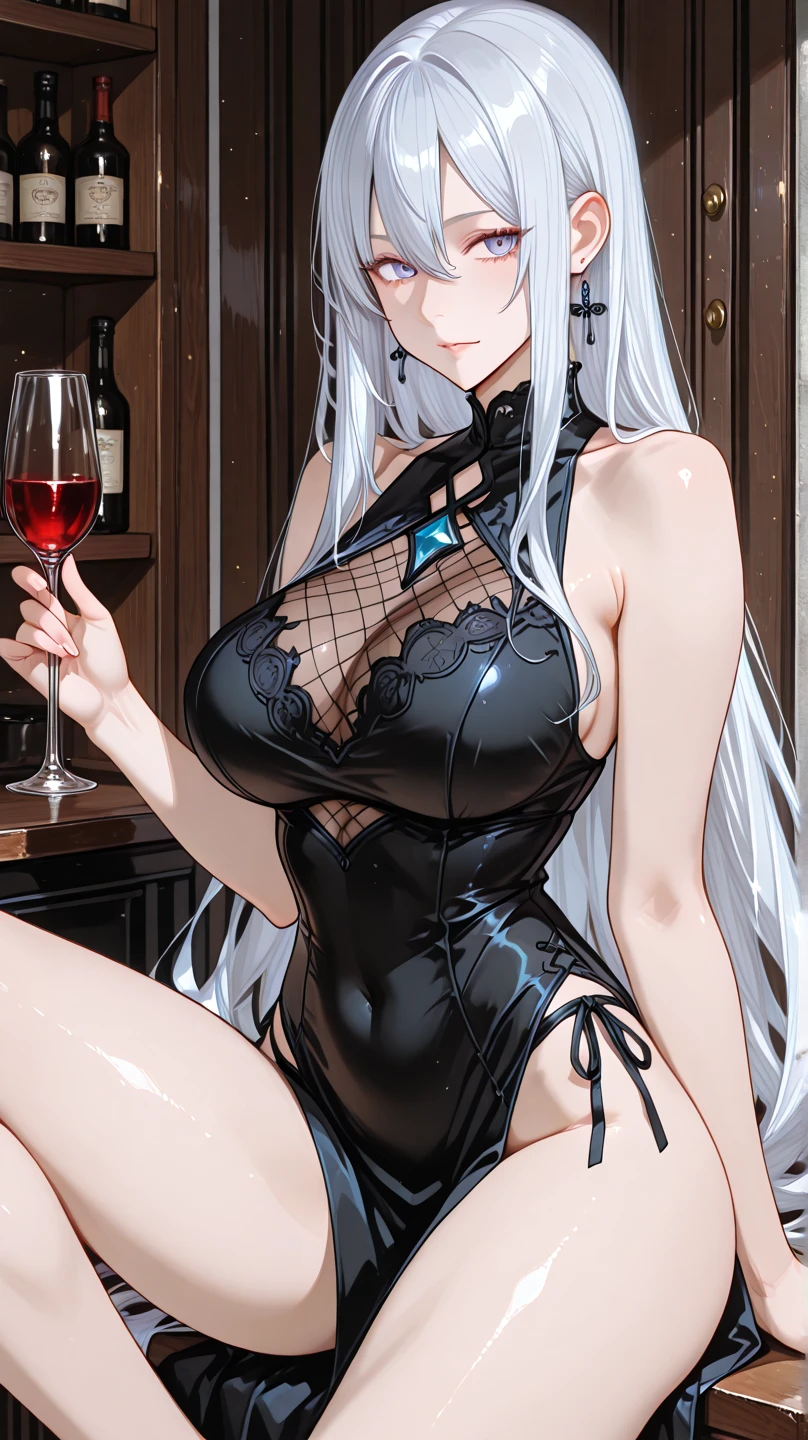 best quality, 32k, RAW photo, incredibly absurdres, extremely detailed, beautiful and cute lady, squat down with your legs wide apart, writhing in ecstasy, her face slightly raised and her lips half-open in an amorous and lewd expression, wearing orange and wine red cute corset ruffle long dress, large breasts, slender, perfect proportion, iridescent silver braided bangs and side hair