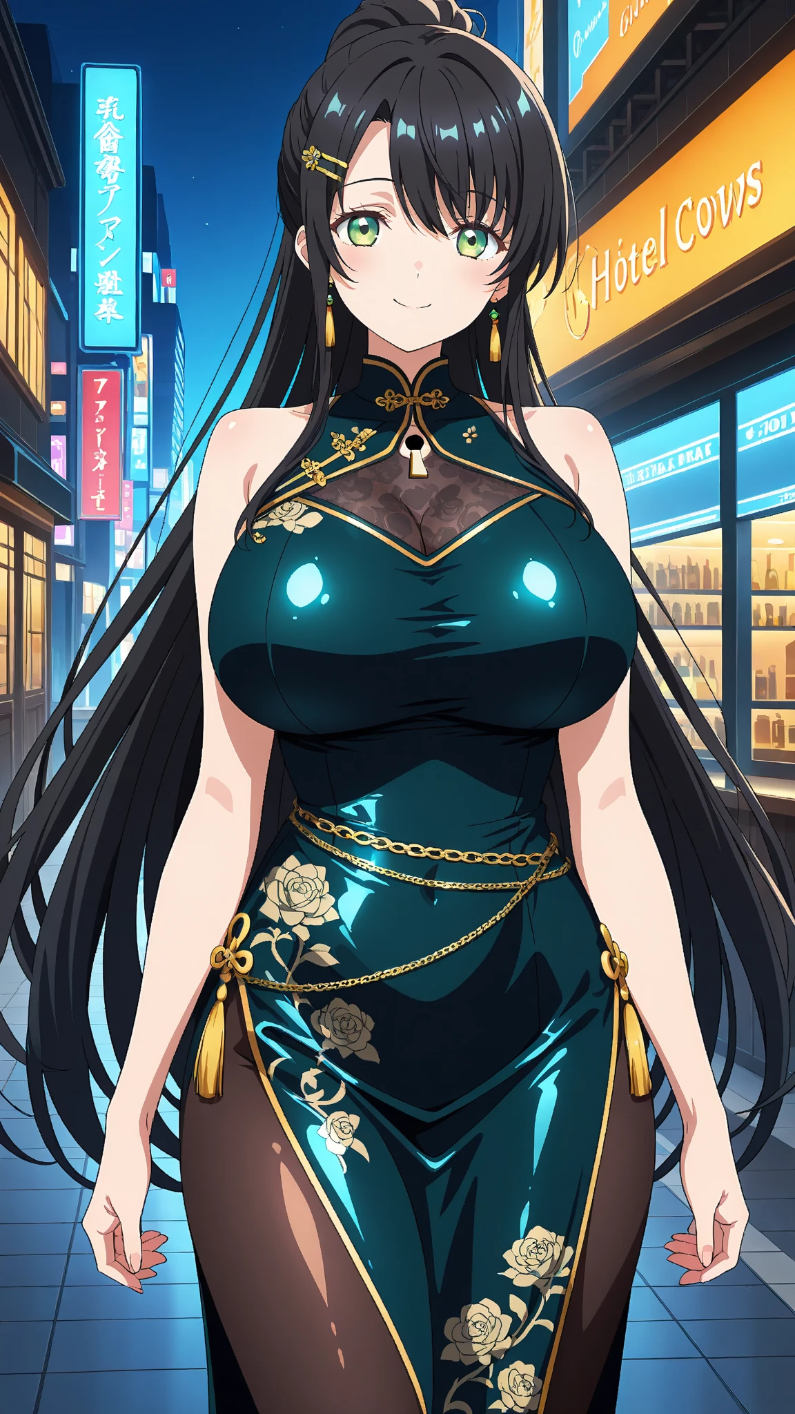 one woman, fox ears, fox tail, mature woman, green eyes, dark brown hair, shiny clothes, Chinese dress, Cheongsam, sexy, SFW, latex, thick thighs, big breasts,