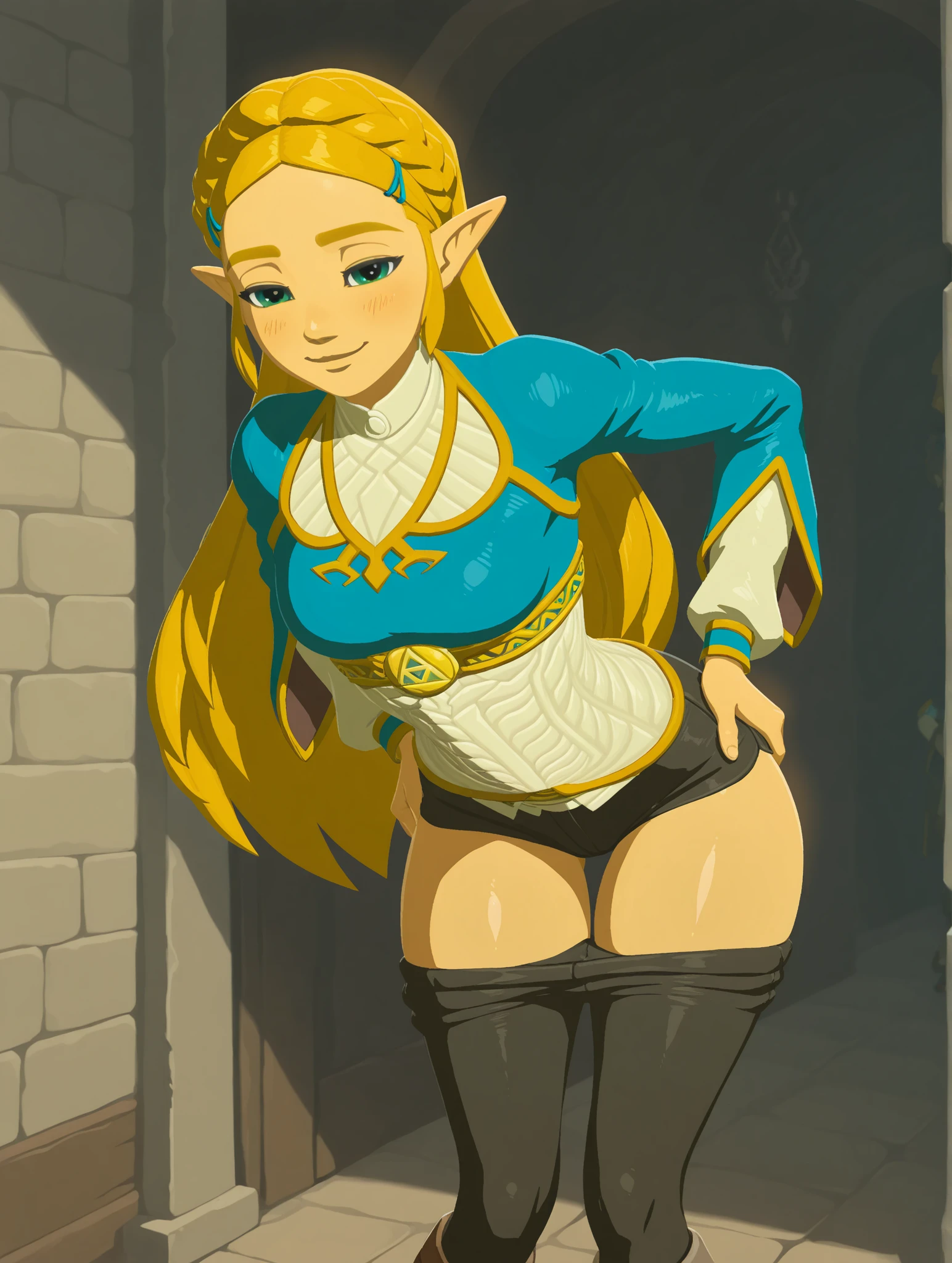 (view from top), in the Bedroom, (Realistic:1.5) solo EdobLOZSpiritTracksZelda, Kneeling on both knees with arms extended forward, huge breasts, <lora:EdobLOZSpiritTracksZelda_v1.2:0.8>