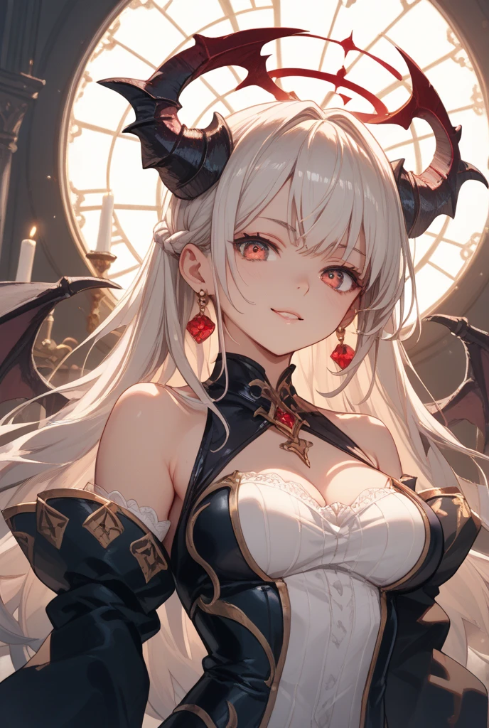 1girl, demon, crazy expression, evil, mint eyes, blonde almost white hair, demon horns, demon wings on her back, small breast