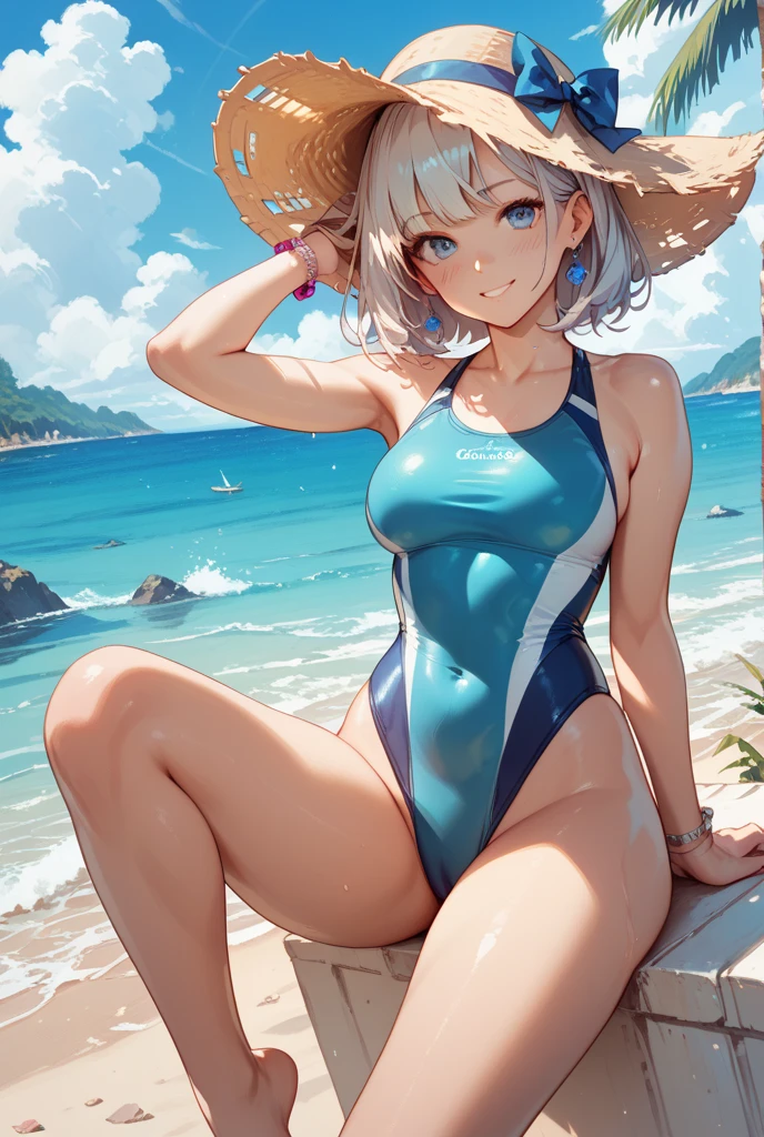 Beautiful, Masterpiece, Best Quality, Hiqcgbody, Anime, 1girl, Medium, Bikini, ((Leopard Swimsuit)), Portrait Shots, View Viewers, Partially Submerged,Southern,Seaside, ((Silver Hair)),(Cat Ears),Ponytail,Wet Skin, Intricate Details,>,((with cover)
