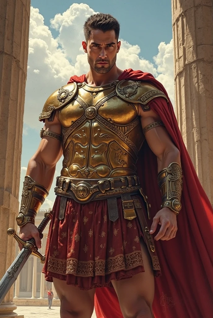 masterpiece, detailed, intricate, epic fantasy, colorful, full body, slight angle, man, 20 years old, hulking, brawny, fitted, ankle wraps, very hairy chest, skimpy revealing outfit, receding hairline, smirk, gladiator, with a sword, blades, big ancient city background, pointing away, depth of field, particle effects, high quality shadows