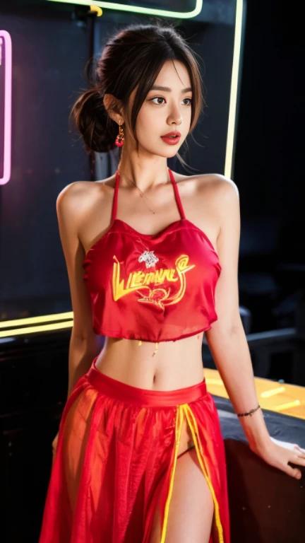8K, masutepiece, Raw photo, Best Quality, Photorealistic, the Extremely Detailed CG Unity 8K Wallpapers, depth of fields, Cinematic Light, Lens Flare, Ray tracing, (Extremely beautiful face, Beautiful lips, Beautiful eyes), intricate detail face, ((Ultra detailed skin)) 1girll, In the Dark, deepshadow, Pretty Korean girl, Kpop Idol, 1 girl, (very slim and slender muscular body:1.3), ((view the viewer)),(Big smile:1.3), (Tight lace-up blouse), (PINK SHIRT), (sleeveless fashion night, a dark night, (Neon Light Sign), (Blurred background), Fashion Street Night),(There is no one in the background:1.3), Beautiful earrings, bangle, Necklace, pantyhose, Clear eyes, (pale skin), (big eye ace forward, ((upperbody shot)), ((silk orange pants:1.3)),(Big Assa),(Brown hairs),((Skinny silk panties staring at the viewer:1.3) opened breast, Very slim, Large breasts, turn back, Back shot, , Underwear,Laughing,
