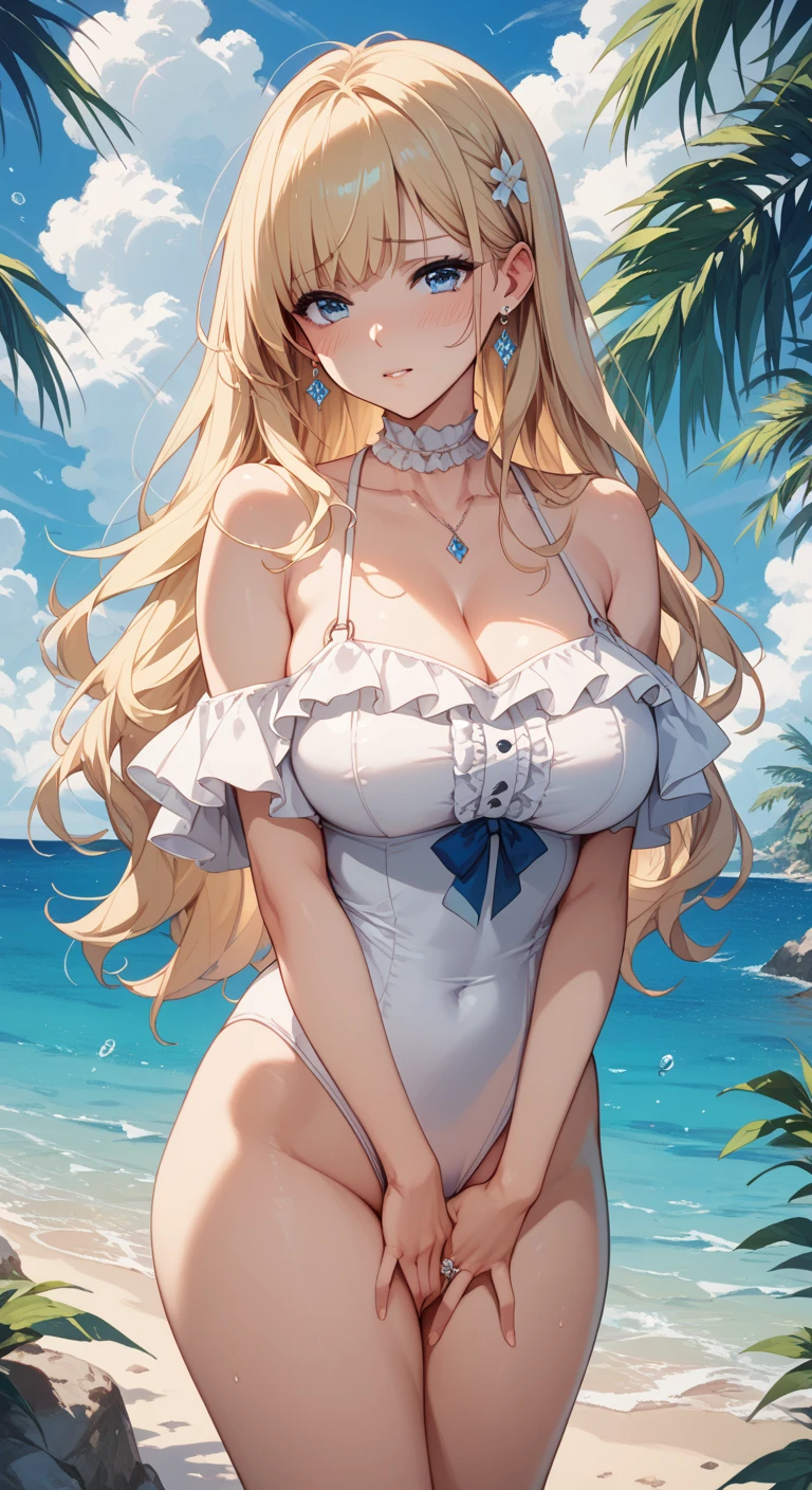 ((top quality, high resolution, highly detailed CG Unity 8K wallpaper)), detailed face, perfect body, incomparable beauty, curvy but slender body, perfect eyes, perfect face, perfect lighting, one girl, detailed castle background, long hair, curly hair, bright beautiful face young, shiny white glossy skin, best beauty, most beautiful bright blonde in the world, fine hair, (((french updo hairstyle))), shining beautiful bangs, shining clear big blue eyes, very beautiful and lovely 17 year old world's most beautiful girl, big ample breasts, ((beautiful smile)), sexually aroused expression, ((sexy white swimsuit)), ((The background is the blue summer sea and water cottages))
