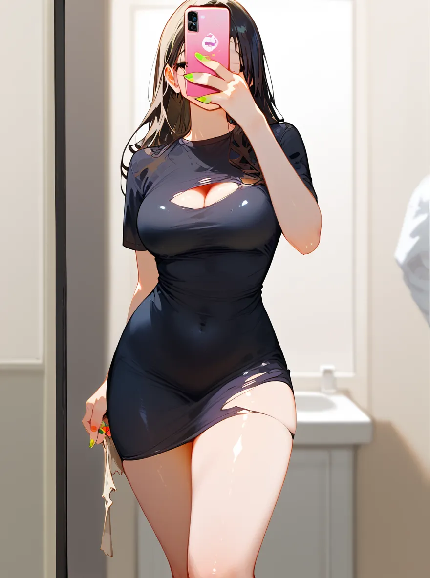 Two-dimensional manga style, a girl, black hair, curly hair, single ponytail, in the bath, good figure, cute, seductive, expression enjoyment, bare legs, bare waist, bare shoulders, wet, ass up, bare ass, bare ass, big ass, toned body