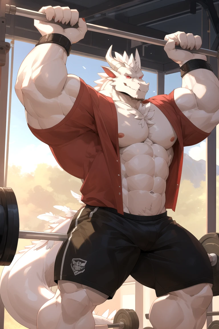 a muscular male shark, light grey skin, dark red eyes, sitting at public pool, Lifeguard clothes, large bulge in crotch, body wounds, furry, bara, (best quality,4k,8k,highres,masterpiece:1.2),ultra-detailed,(realistic,photorealistic,photo-realistic:1.37),highly detailed portrait, detailed texture, dramatic lighting, cinematic, by hyaku
