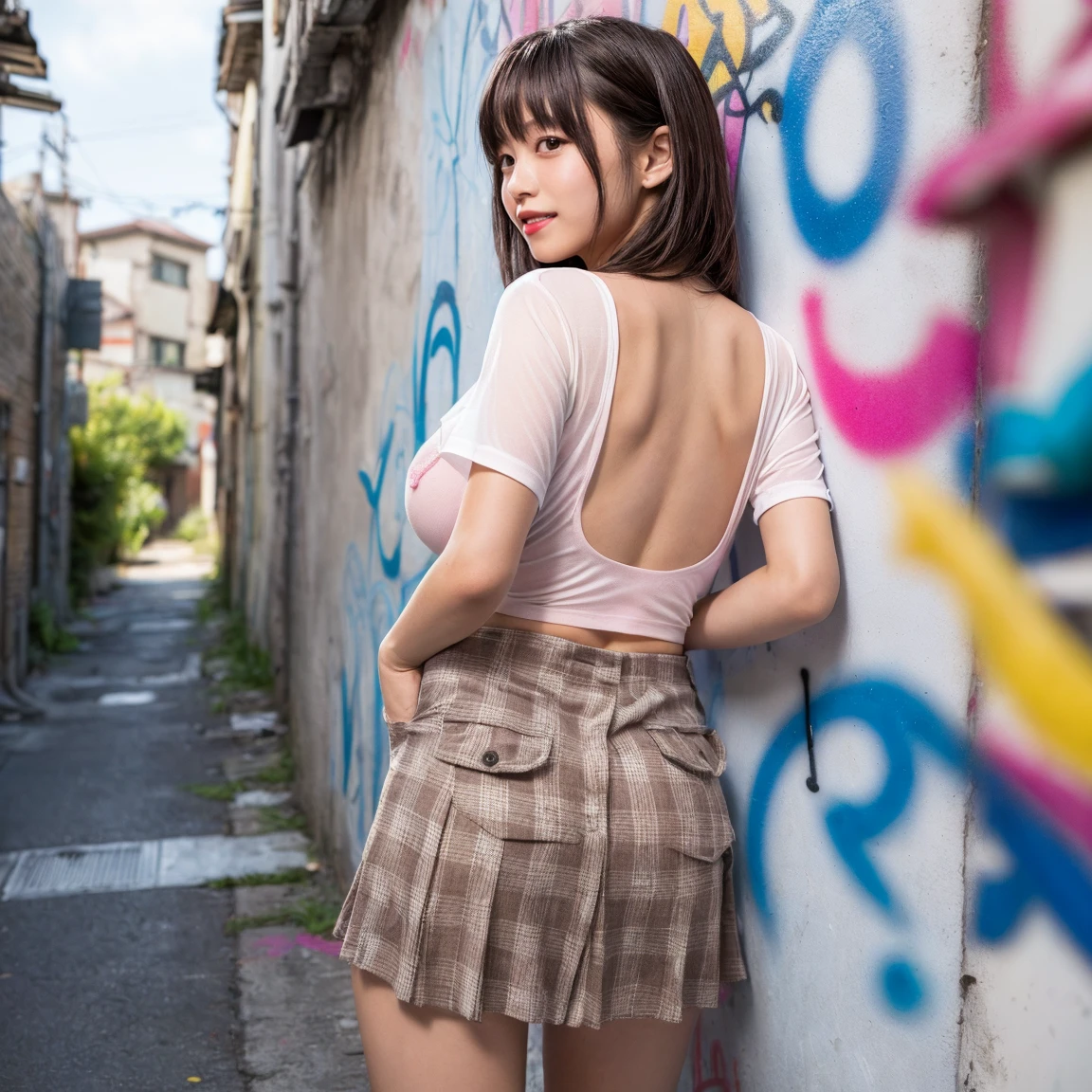 Female college student、22 years old、alone、(Browsing Caution:1.3), ((masterpiece)), ((Highest quality)), (Very detailedな), ((cute)), cute, (Lovely), ((Very detailed)), 4K, (8K), Highest quality, (beautiful), hyper cute face, shape, hyper Genuineistic, Genuine, (((From below))), whole body, Between the Skyscrapers, (1 Girl, cute girl:1.5), (Female college studentのファッション:1.5),(Character T-shirts、Pleated skirt)、((White panties))、sneakers、 beautiful light brown hair, beautiful brown eyes, ((beautiful eyes)), (the wind is strong, Hair is shaking, The skirt is flipped up and the underwear is visible:1.3), short hair, (((Big Breasts))), ((Device tick type))、(Wearing (Showing panties to the camera))、