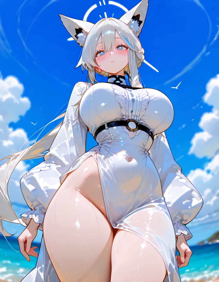 masterpiece, high quality, high detail, 4k, rtx, high resolution,1girl, blue_streaked_hair,hair_over_one_eye, blue_eyes,very long hair,braid,white hair_ornament,white skin,black nail_polish, solo,long sleeves,(white bandeau:1.3), strapless, microskirt,thighhighs,thighs,: o,cute face,(pov:1.2),(facing viewer:1.2),(Well-shaped and firm huge breasts, developed huge breasts:1.2),(underboob:1.2),(happy),stomach, navel,aged_down,on side,sitting,beach