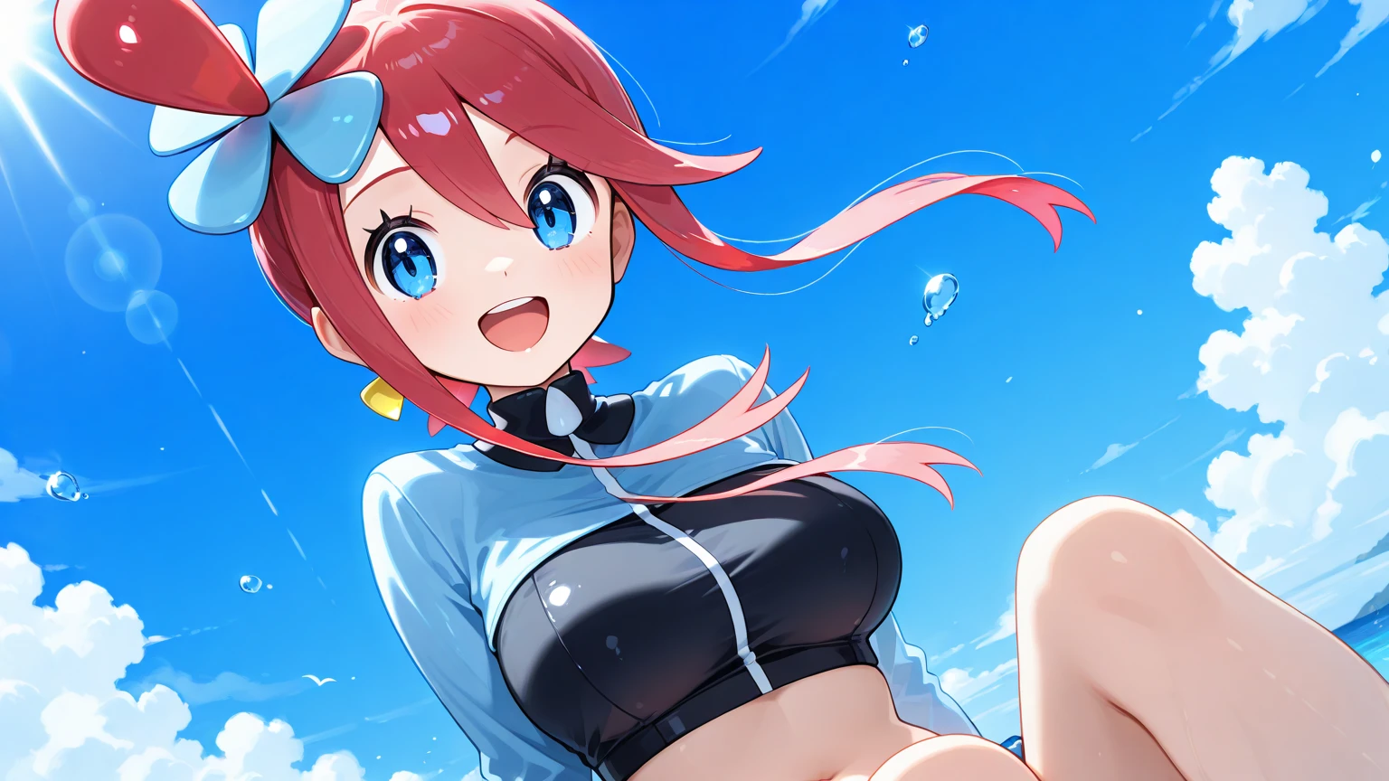 ((Tabletop, Highest quality, High resolution, Pixel perfect, 4K, nsfw)))、1 Girl, Beautiful woman、((short hair, Twin braids、Red Hair)), ((blue eyes、Beautiful eyelashes, Realistic eyes)), ((Detailed face, blush:1.2)), ((Smooth texture:0.75, Realistic texture:0.65, Realistic:1.1, Anime CG Style)), ((Muscular))、((Small breasts、Big nipples、Thick thighs)), Perfect body、Inside the train at night、((((:or、Embarrassing、blush))))、((Sweat))、Are standing、(Put your hands behind your head、Armpits)、((Light Blue Striped Panties))、