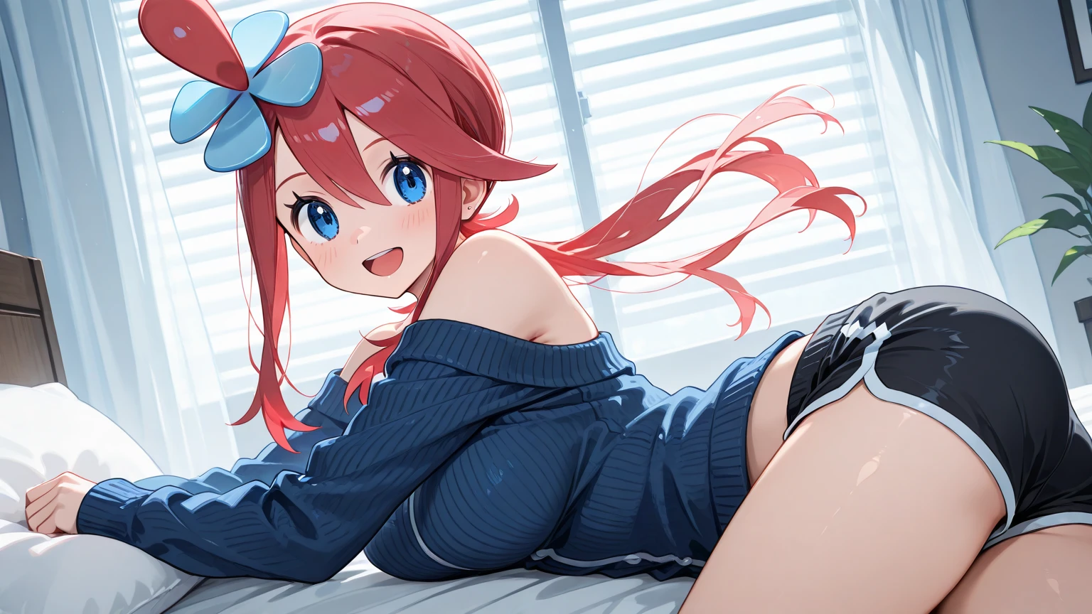 The upper part of the body、an oil painting、masterpiece、top-quality、hight resolution、Red hair、I'm running a marathon、Tired hands on your knees、cleavage of the breast、Black bloomers、distressed face、Sweaty skin、school ground、blue-sky、tiny chest、Light blue underwear