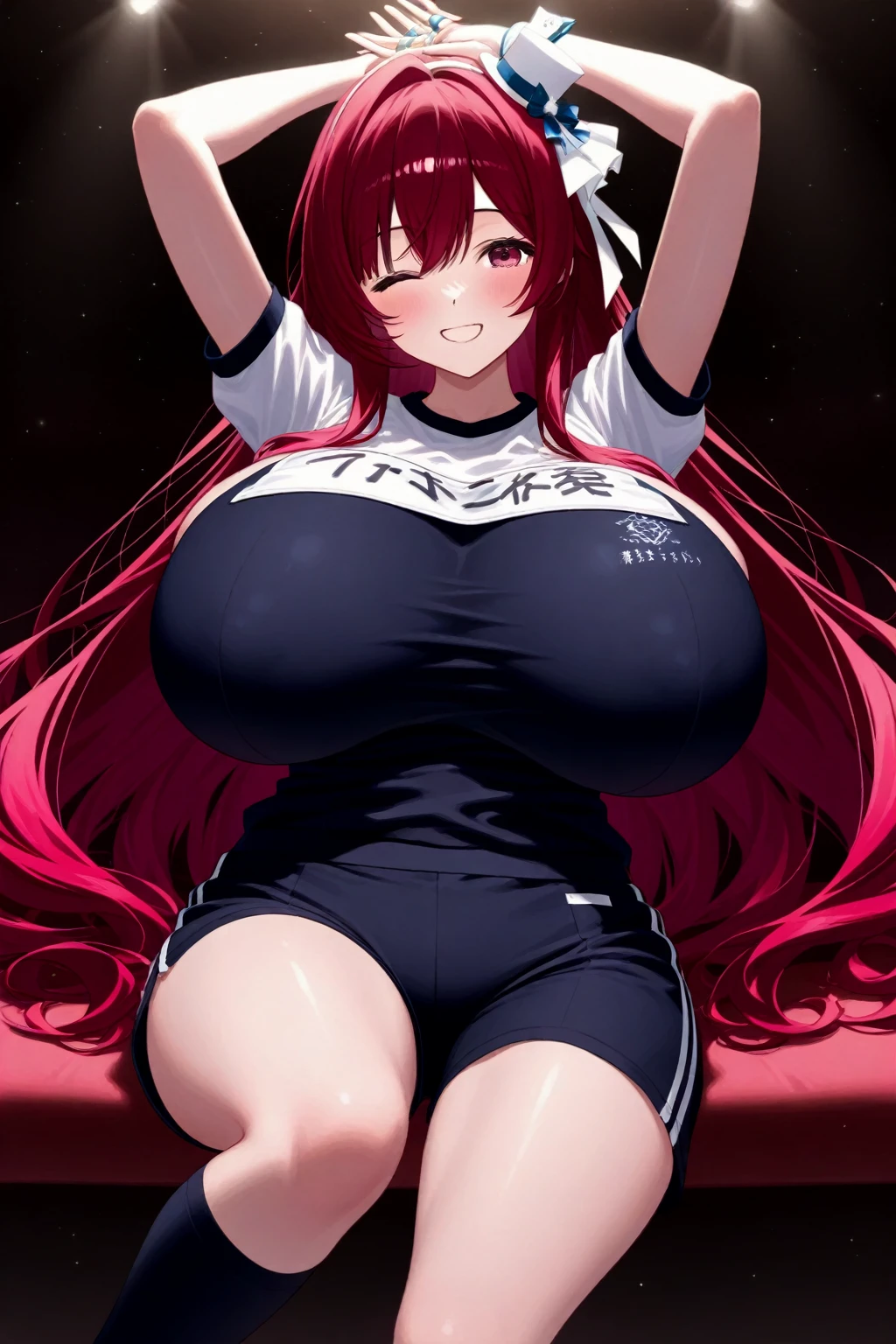 (8K,Highest quality,masterpiece:1.2),(Detailed eyes),(Clothing Details),(Very large breasts) ,((Detailed hands and fingers)),高品質CG Unity 8K 巨大なファイルサイズ,Ultra-fine,High resolution,Beautiful Eyes,Ray Tracing,Dramatic Shadows,delicate,Hyper Detail,(single)、(Red Hair Long Hair)、((White volleyball sleeveless)),(((Volleyball Bloomers)))、((Simple Background))、((((Haa))))、(((Very wet)))、(((Cowboy Shot)))、((Knee socks))、((((Sigh))))、(((Squat)))、(summer)、(((Place both hands behind your head)))、、((((Face forward and spread your legs wide))))、A little plump、(((Very large breasts)))、(((Composition looking up from a little below.)))