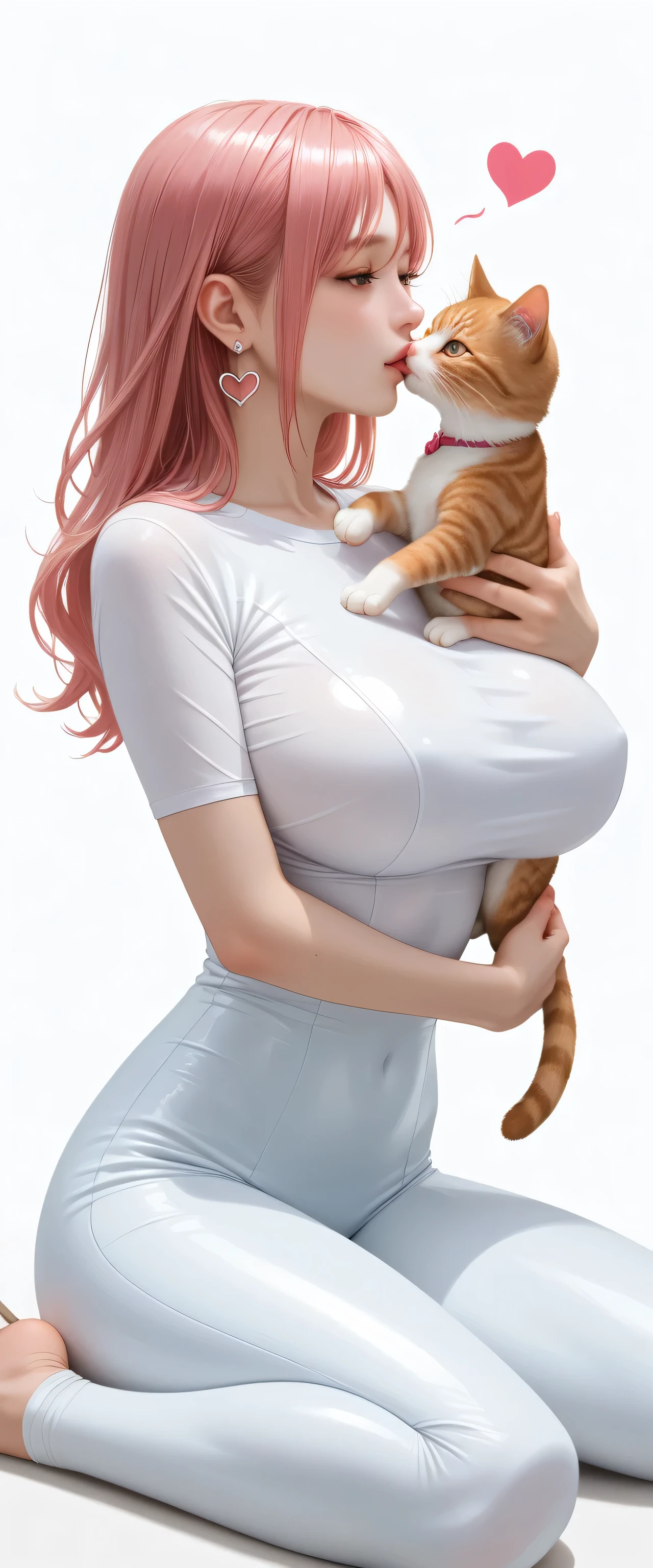 Japanese beautiful girl, huge breasts, ,乳沟,低胸, ,earrings,, abstract background, white background,long legs,tight shirt,
playfully, , many little hearts, honoka, pink hair, She made a playful expression. , her massive breasts shimmering under the light., tight body suits, tight jean, w-sitting, sit on the ground,holding cat with arms, kiss the cat, far view