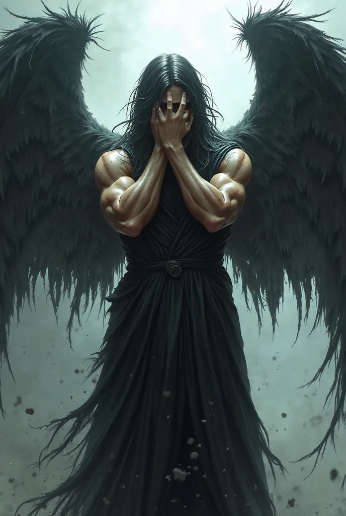 make an image with a strong meaning for suicide with a renegade angel with his mouth covered by a gag, in the dark with a rain, and this angel is sitting crying