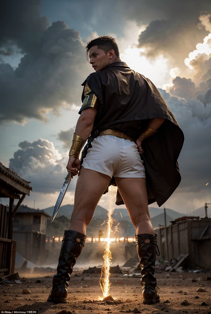 A young christian knight man doing pullups in the rain with a bar infront of a Catholic hurch, preparing himself mentaly an physically to defend his faith in the war that'll be soon, he is just wearing the middle lower body part of his armor, and he is not waering anything in the upper middle of his body