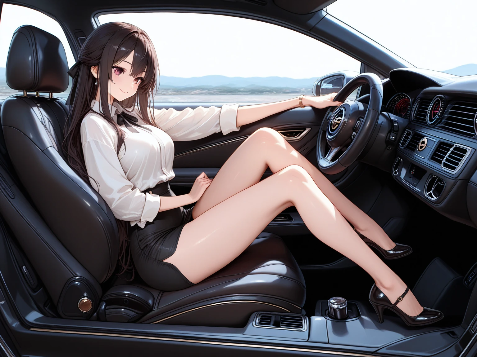 Masterpiece, Best Quality, High Quality, CG, 8K, Stylish woman with a serious expression driving a speeding car, anime style