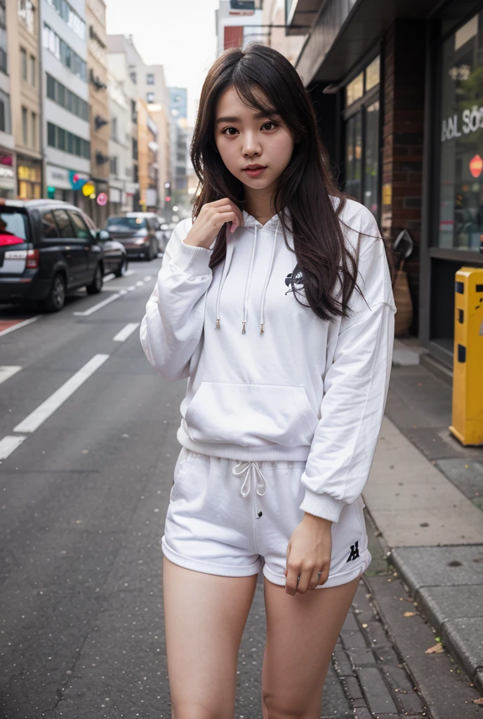 Wearing white long sleeves，Denim shorts，White calf socks，White sneakers，Close-up of a teenage girl with two pigtails，Full body close-up