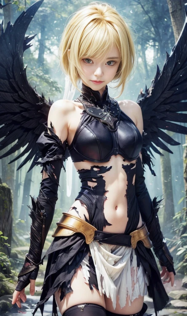 A blond short hair harpie lady, harpie Warrior lady,(((On the arms there is a pair of large green color wings))),((Black metal intricated elaborated black armor)),high detail,(beautiful face), Black bikini armor,long red hair,eagle feet, sky and clouds background,apathy、macro,Realistis,hdr(HighDynamicRange)、Ray traching、NVIDIA RTX、Hyper-Resolution、illusory 5、sub surface scattering、post-proces、Anisotropy Filtering、depth of fieldaximum definition and sharpness,Surface coloring、Accurately simulate light-material interactions、perfectly proportions、rendering by octane、largeaperture、Low ISO、White balance、the rule of thirds、8K raw data、lightand shade contrast