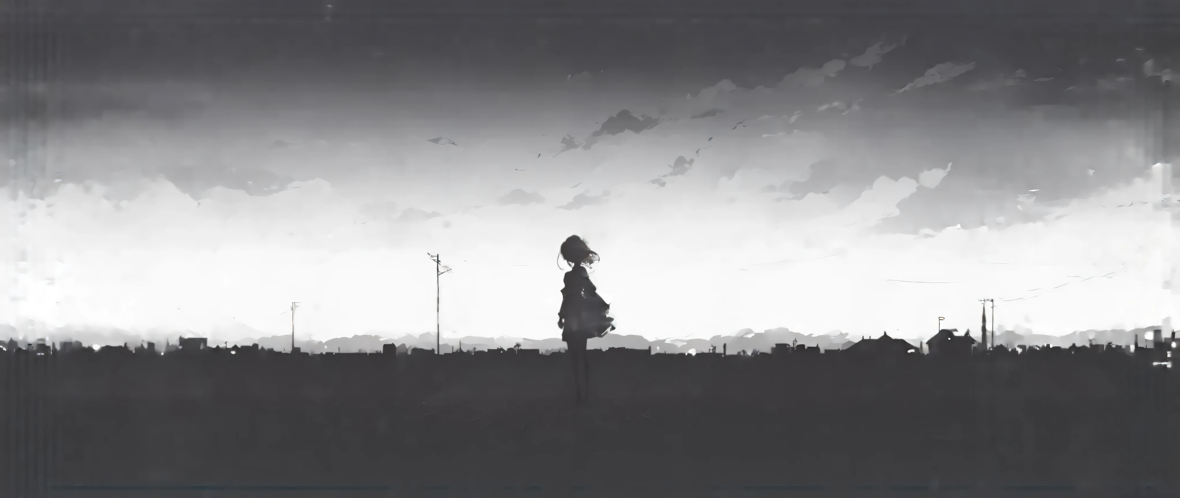 ((masterpiece)), ((top quality)), [ shadow art ,overview:0.35], silhouette of a single girl , 少女teeth正面を向いている, cloud,upper body,melew,dynamic pose, Long Shadows, Black and White, White Sky,standing, close-up,PORTRAIT,middle level,frequent lighting , detail shadow,pink sand:0.35 ,cinematic lighting,  1 Person in the Atmosphere , high resolution,Very Aesthetic,Dynamic Lighting, Horizon. figure, Loneliness. Sense of introspection. distant background, deep gray telephone pole、Distant Village、road、. 全体の構成teeth静かでシンプルな雰囲気を醸し出しています, teeth、早朝またteeth深夜のセッティングを示唆しています, 、light diffuses gently over the terrain,