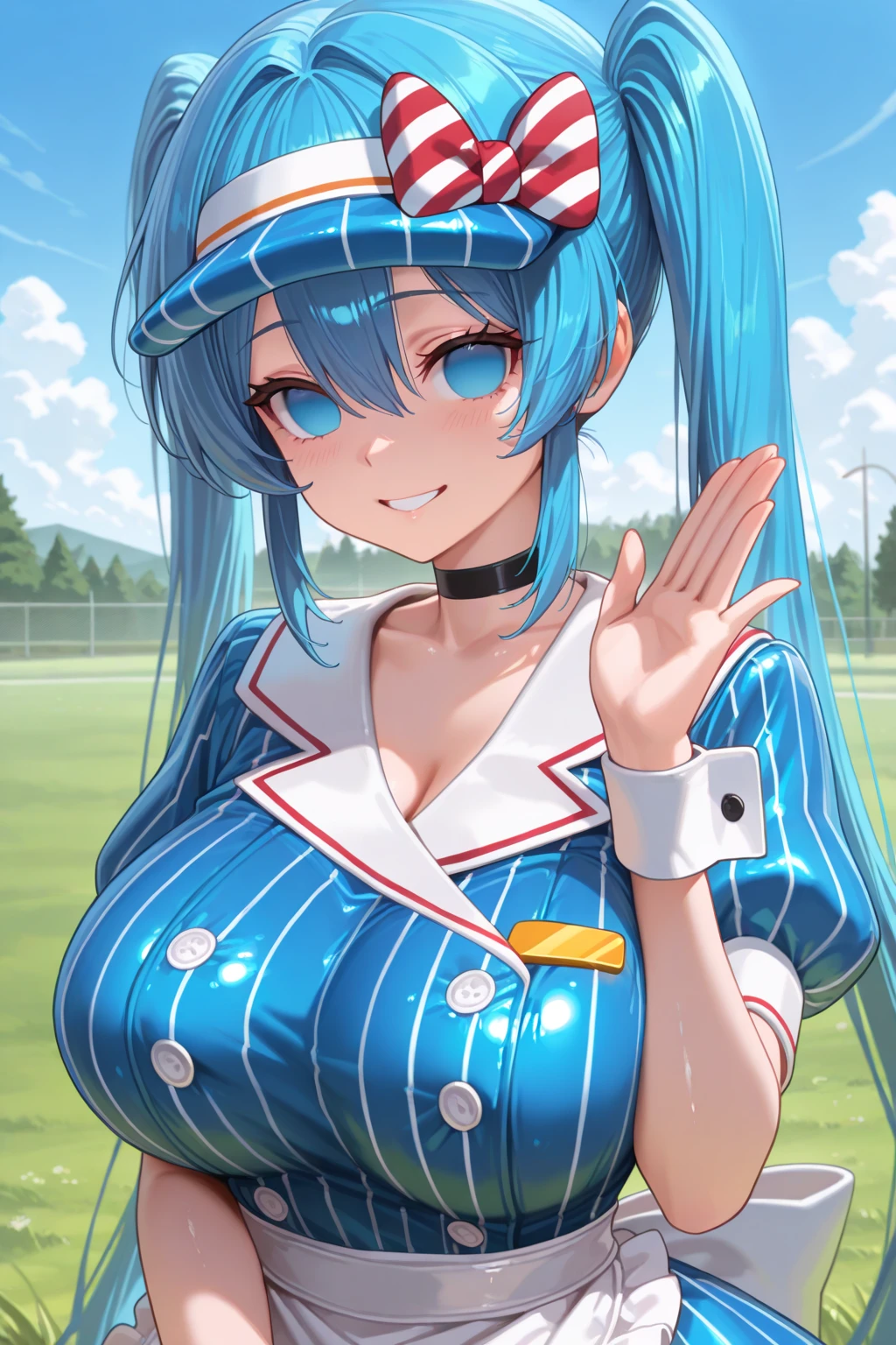 score_9, score_8_up, score_7_up,4k, ,BREAK , (from side,top angle),standing,straight-on,hands on hips,1girl,RACEELIE, long hair,HAIRBAND, CHOKER, BLUE HAT, BLUE JACKET, CROPPED JACKET, CLEAVAGE,large breast, MIDRIFF, BLUE SHORTS, PLEATED SKIRT,(light smile),(daytime and beachside and city), ,,,detailed skin,,(best quality),,(aesthetic,very aesthetic),sharp focus,depth of field,,