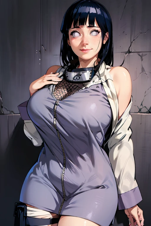 Masterpiece, highres, high Quality, detailed face, detailed body render, 1girl, solo, hyuuga hinata, hinata-sleeveless-outfit, large breasts, big breast, sleeveless shirt, fishnet top, dark lips, unzipped jacket, no bra, breasts out, nipple, standing, blushes, (on bedroom)