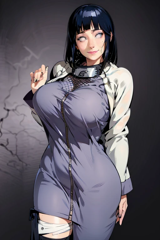 Masterpiece, highres, high Quality, detailed face, detailed body render, 1girl, solo, hyuuga hinata, hinata-sleeveless-outfit, large breasts, big breast, sleeveless shirt, fishnet top, dark lips, unzipped jacket, no bra, breasts out, nipple, standing, blushes, (on bedroom)
