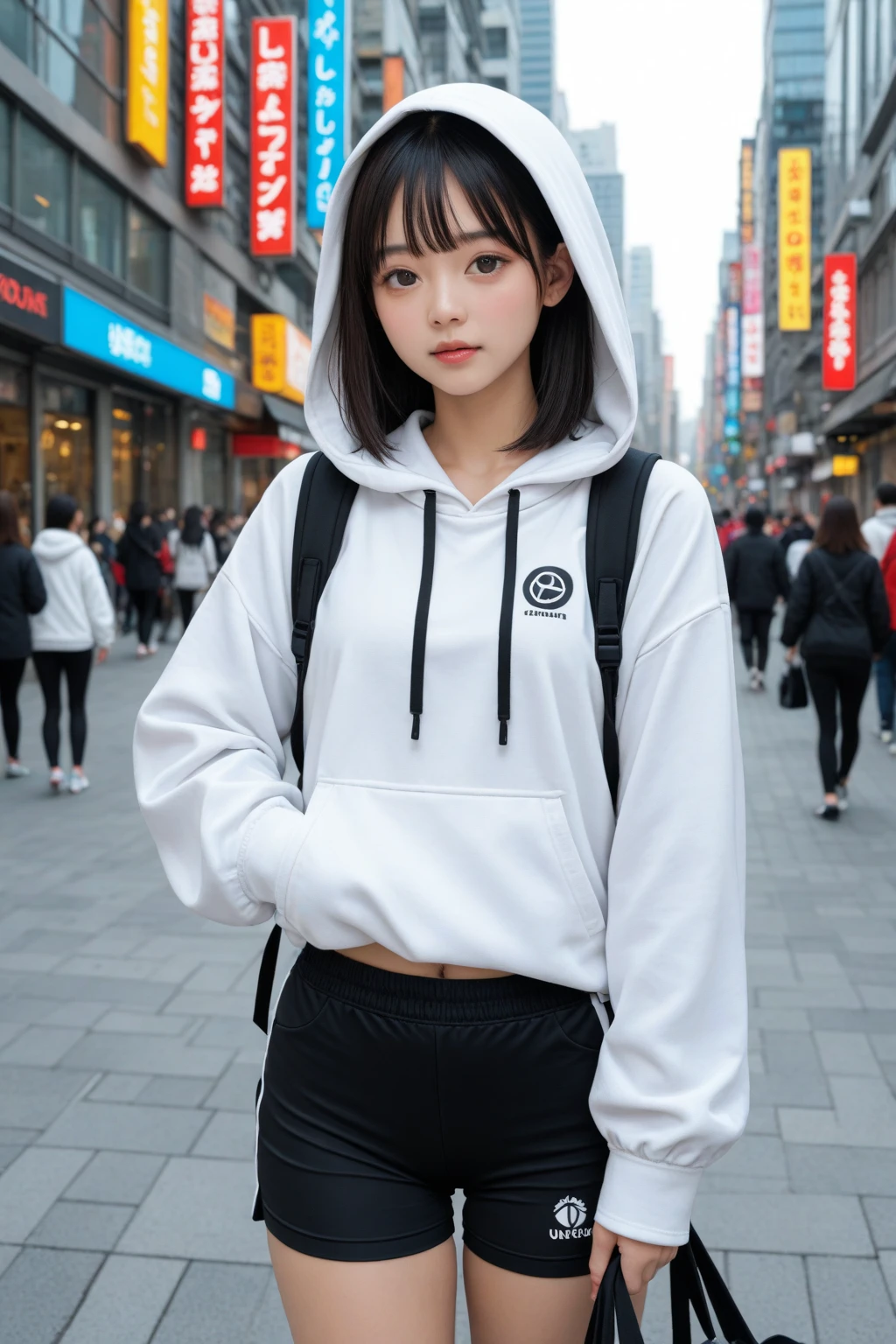 (Sitting on ground,knees folded),1girl,pale skin,white long braided hair,delicate face,heterochromia eyes,freckles,(black hoodie,tight linen shorts:1.3),small waist,(wide thigh gap:1.3,wide thighs:1.3),white background,(best quality:1.2,ultra-detailed,realistic:1.37),portrait,soft colors,polished lighting