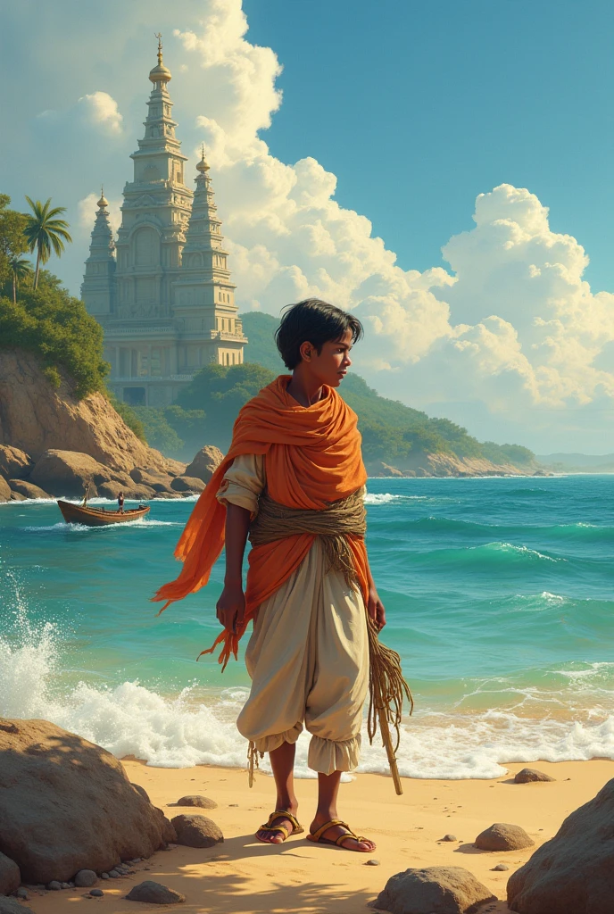 Create an image that the sky is cloudy, there is sea below and there are many boats, but there is a boy who is very handsome, he has a tilak on his head and a small Rudraksha rosary in his hand and also some parts of his body. You are wearing light saffron clothes and that boy is going to a cave somewhere far away.