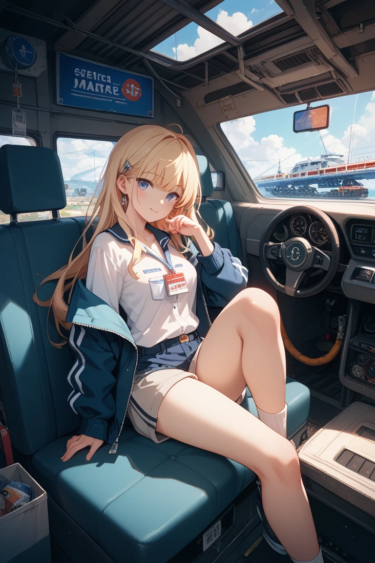(masterpiece),( best quality), 1girl, pilot, flying helicopter, from cockpit, leotard,