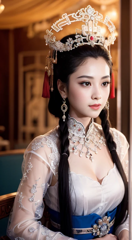 masterpiece, best quality, 1 girl, ((Large Breasts)， Long hair，(Transparent black silk)，(Breast position，With Chinese armor，With breast protection )，Looking at the audience, (precise、Perfect face shape:1.3)，（Beautiful fingers），(?????? front display)，Ultra HD，Ray Tracing,，reflected light， Correct structure，The award-winning，High Detail，Reduce shadow contrast，Facial lighting ，Cinema Lighting，masterpiece，Super Detail，high quality，High Detail， best quality，16K，High contrast，Close-up of woman, A young woman plays, Chinese Empress, yun ling, song nan li, , gujian,  zhao yun, Chinese Princess