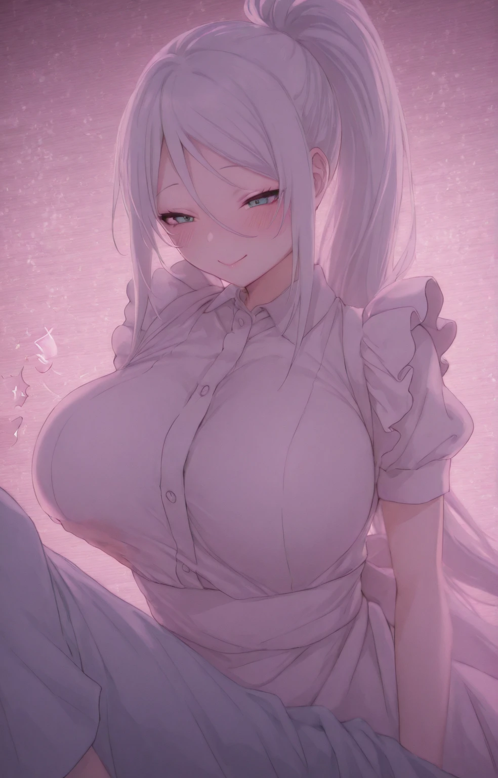 [Sheer white shirt], [huge tits]，Ahegao，1girl，White hair，Purple eyes，glowing light eyes，shiny oiled skin，red in the face，fresh flowers，sun，rays of sunshine, fit, sexy, natural pink lips, perfect face, nsfw