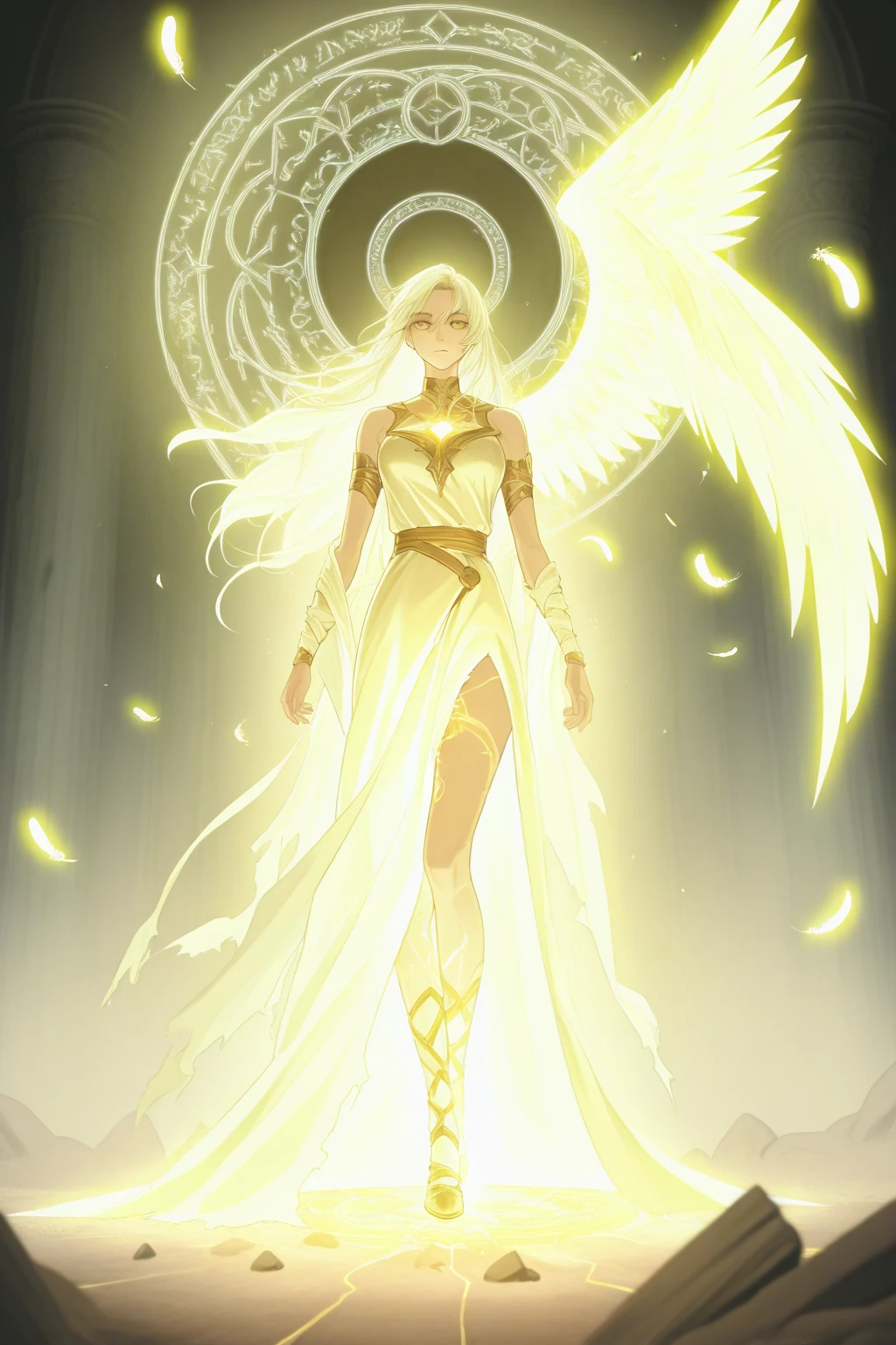 a beautiful goddess with long white hair, divine aura, large bust, light clothing, bright white eyes, luscious lips, (best quality,4k,8k,highres,masterpiece:1.2),ultra-detailed, intricate details, glowing skin, dramatic lighting, ethereal, fantasy, cinematic composition, volumetric lighting, chiaroscuro, vibrant colors, dramatic shadows, full body