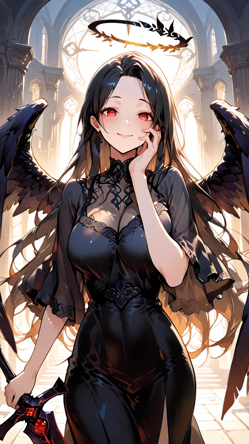 masterpiece:1.2, 1 woman, 20 years, dark souls style, woman in gown, Cinematic goddess close-up, cinematic lighting, (Best lighting) huge breasts, black hair, shadows, massive breatsss, SFW, covered, milf, seductive look, smile, mole, looking at viewer, extremely detailed, fine art, coloured. clothes, red eyes, dress, teacher, fantasy, sole woman