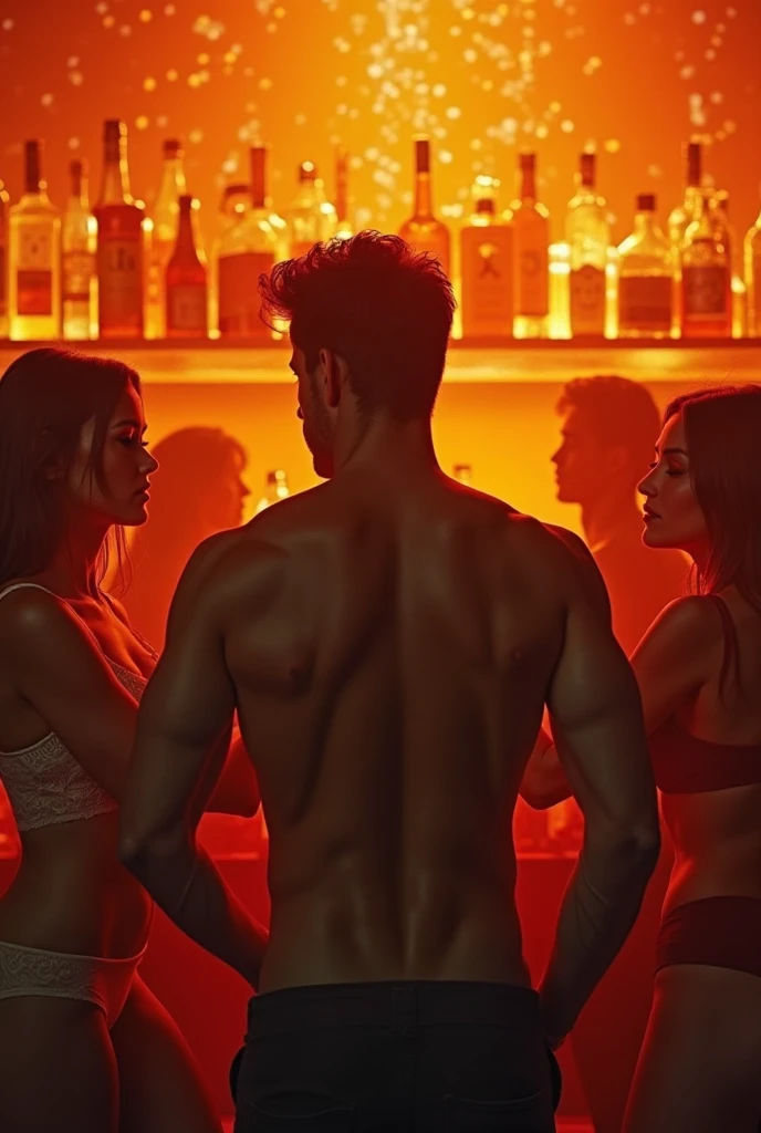 in a warehouse, A man is standing on the ground and holding a flashlight in his hand, surprised look, In front of him are several beautiful young women with hair of different colors., in sexy lingerie, beautiful and defined faces, stops looking straight ahead and with eyes closed, There is a sign hanging that says "ROBOT STORAGE", first person view , Excellent lighting, hyperrealistic quality image, high resolution
