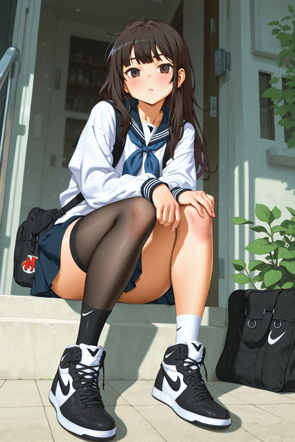 (8K, RAW Photos, Highest quality, masterpiece:1.2), High-quality RAW color photos, Professional photography, Cinematic Light, alone, (((young woman, Gal))), (Sharp features), (Small face), (Skin with attention to detail:1.2), clavicle, Cute face, Beautiful appearance, Long eyelashes, (Brown Hair, blue eyes, Long Hair), Beautiful breasts, (Slim figure:1.4), Highly detailed face and skin texture, , Sailor suit, mini skirt, loose socks:1.スニーカー3feet:1.3, (Dynamic pose:1.0), Embarrassing,Sit on the stairs, School building stairs, Artistic painting,Attractive thighs, Open your thighs, (A very fine touch:1.2), (A shy smile), (Beautiful breasts), (concentrate), (sweating:1.2), (Open your mouth), Highly detailed face and skin texture, Look to the side, from before，(((Spread the word_feet, Pussy, Split_ feet, from before, I can see your underwear)))
