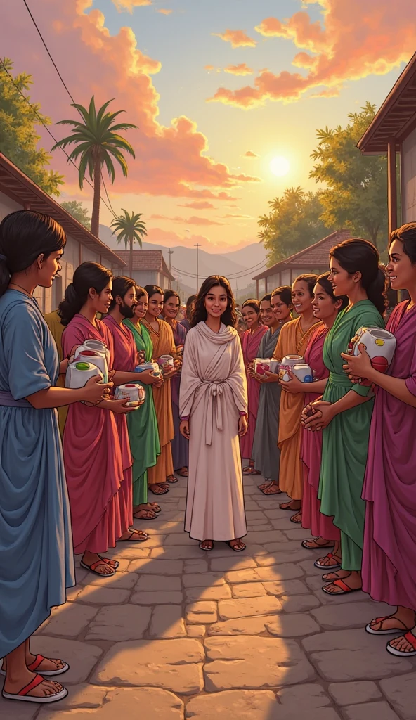 "Mary, the prophetess, caught a "tambourine and a scroll", and with her all the women left playing tambourines and dancing". The women had light brown skin tone.
That the image comes out in line drawing. May the clothes be colorful.