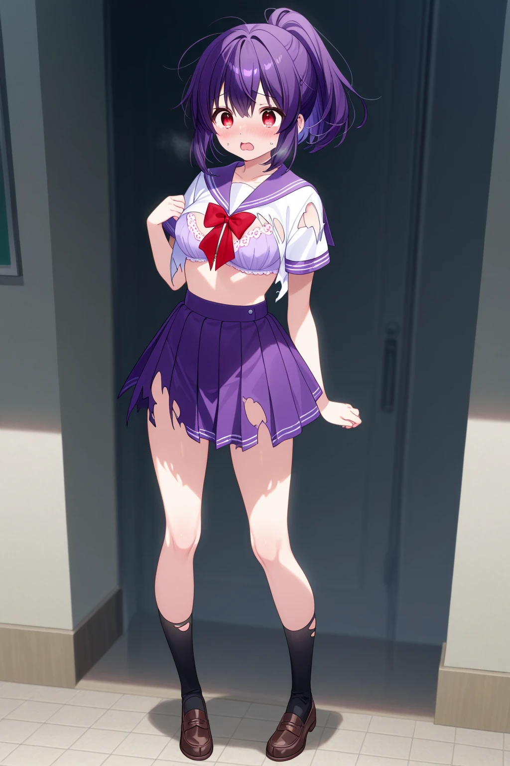 Keqing(the original god),Lift your skirt with both hands,Expose off your underwear,The reveal panties,Be red in the face,Stick out your tongue,Purple colored hair,Purple eye,Ultra photo realsisim,soggy