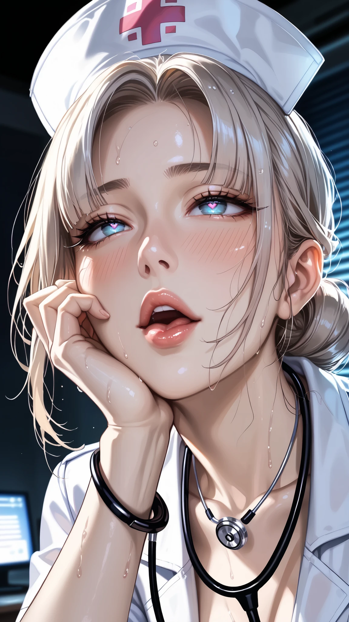 ((cute woman)), (extremely realistic, extremely detailed, portrait, focus on the face, extremely realistic, 8K, ahegao:1.3), (Arched back, beautiful curves,Extremely realistic:1.4), (blush, solo_focus, breasts, blunt_bangs, sweat), (beautiful legs), (dark room, cinematic dark lighting,Lighting from one direction,Warm lighting:1.3), ((Soft light that hits the face strongly, blurred background,shallow depth of field, wide open pupils,moist eyes,straight eyes,natural blush skin,slightly open lips,delicate eyelashes,soft shadows falling on the skin,light tracing the chin line,thin bangs on the forehead,gaze staring at the camera,composition above the chest, hair bundle on the shoulder,up that conveys the nuances of the expression, composition with focus in the center of the face, angle from a slightly diagonally below, a gradient of light that wraps the face, lighting that highlights the contour)), ((close-up flushed face, glossy lips parted slightly, damp hair strands clinging to forehead, soft breath visible, gentle hand on wrist, tight white nurse cap, sheer white uniform fabric stretched over shoulder, exposed collarbone, stethoscope hanging loosely, pale smooth skin, sterile hospital room blurred in background, faint beeping of monitors, dim overhead light))
