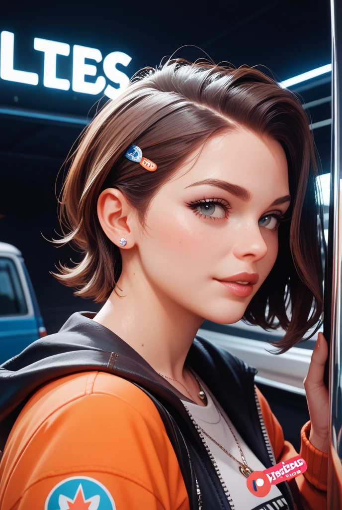 The environment is blurry and elegant, Model, High contrast required, jewels, earings, Upskirt, Shirt, Couture jacket, brown hair, white  shirt, A bracelet, hair bun, single hair bun, long skirt, closed mouth, Hoop earrings, blue jacket, sleeves rolled up, Revealing clothes, makeup, white skirt, Detailed hair, beautiful colors