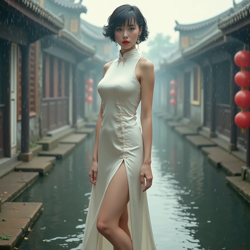 raw photo, realistic, LIU Yifei wears thin wet transparent qipao, light smile, (extreme detailed face, detailed skin), slim body, tight waist, thin thighs, thin legs, huge round breasts, pearl earrings, long ponytail hairstyle, silk bandeau, thin wet stockings, show thighs, show feet, full body shot, kungfu pose on street, soft lights on face, dusk, light rainy, warm tone.