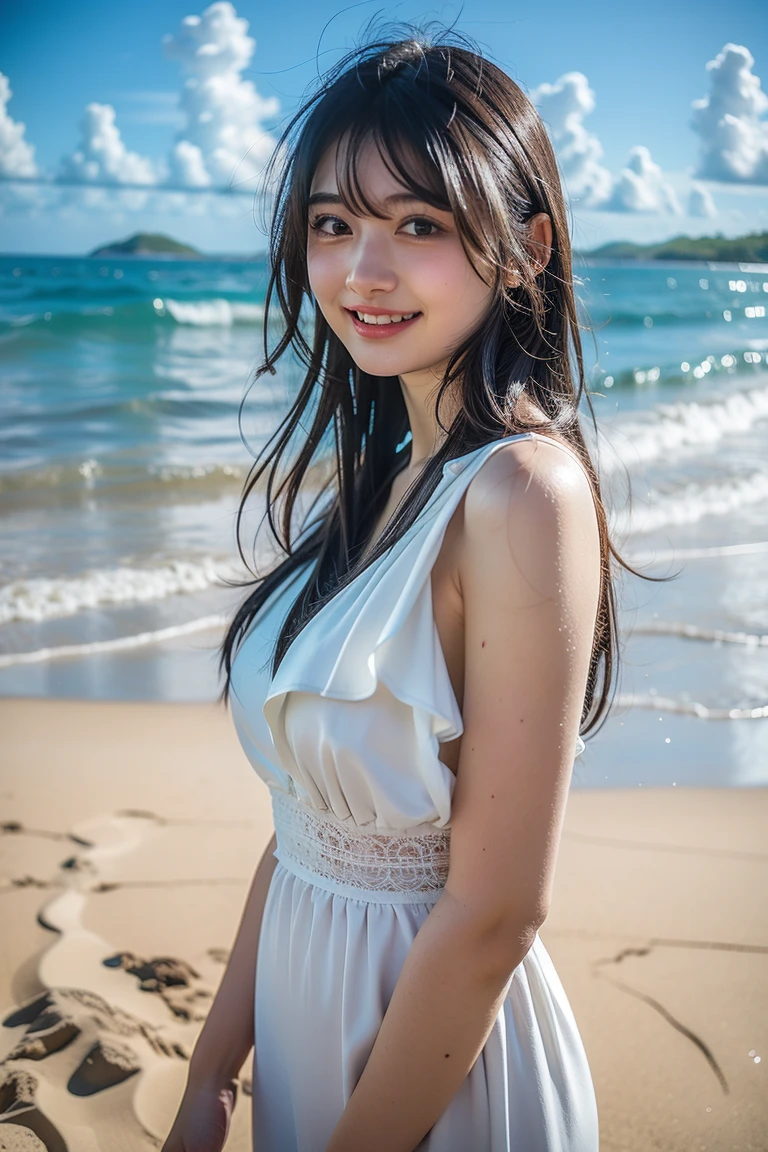 A very cute face like an idol、Looks like a young face、20-year-old female、Gentle and cute、A kind smile、Cleavage、one piece、Walking on the beach at sunset、Natural light、whole body、SLR、Film Camera、RAW Photos、Genuine、live-action、(Artistry)、Artistic Expression、Real Stick、High resolution、masterpiece
