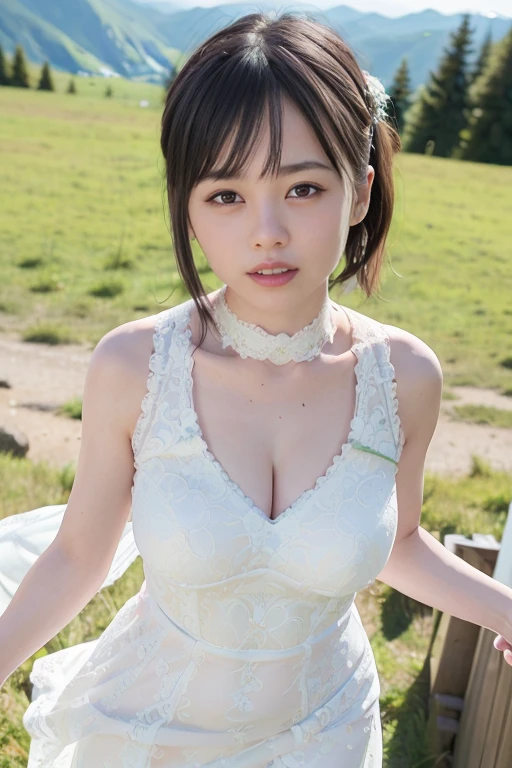 （（（（（a beauti）））））,（（（1024K resolution））），Straighten your waist，  （（（（cleavage））））, ((large grassland))，Simple background。The small mouth opens slightly，White skin，（（Messy hair，Ultra-fine hair）），The most beautiful woman in the world，dark red lips，Head flower，Hairpins，Skin texture。ellegance，Tie up your hair，